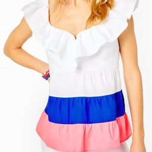 Lilly Pulitzer Emie Ruffle Babydoll Top Borealis Blue Pink White NWT sz 16